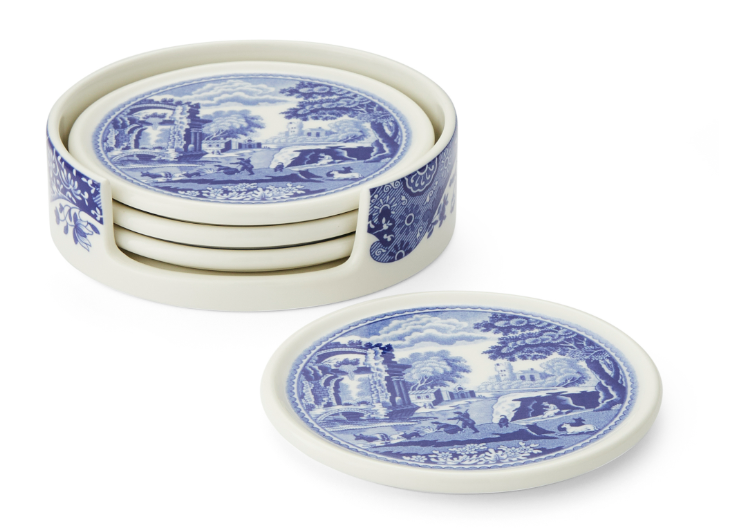 Spode Blue Italian Ceramic Coasters with Holder