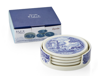 Spode Blue Italian Ceramic Coasters with Holder